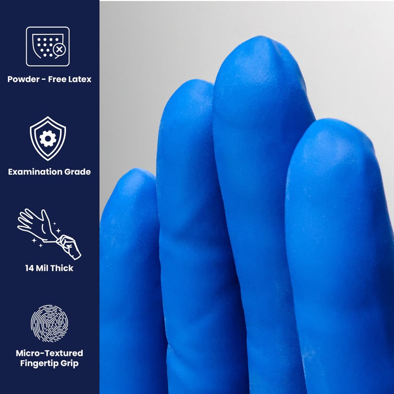 Adenna HER005 Hero 14 mil Powder-Free Latex Gloves, Extended Cuff, Medical Grade, Blue, Medium, Box of 50 - Image 2